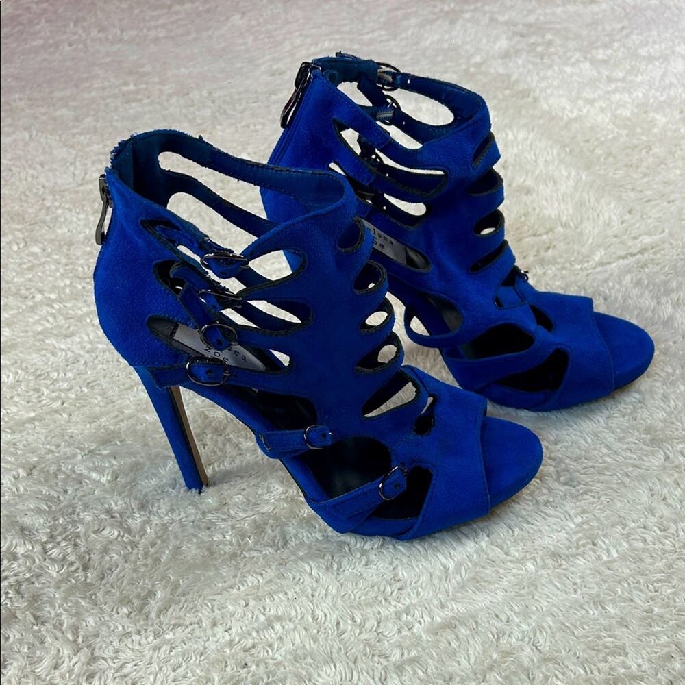 Chelsea and ZOe blue suede peep toe stiletto cage heels,‎ size 8